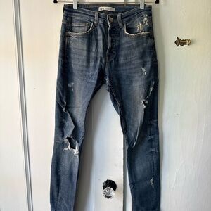 ZARA Men’s Distressed Skinny Jeans - Dark Blue Wash